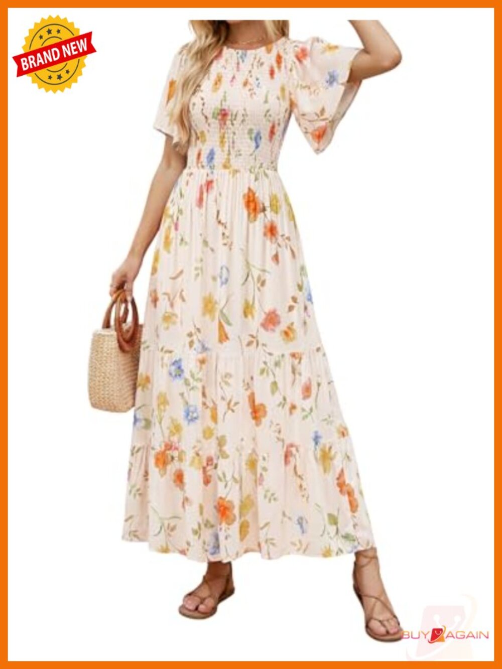 Women's Boho Floral Smocked Short Sleeve Tiered Maxi Dress